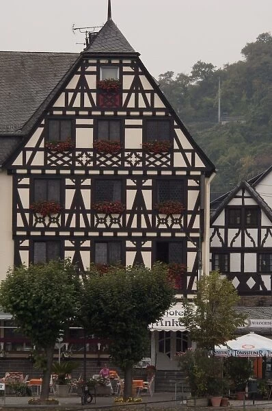 Germany. Typical half-timbered hotel along the Rhine River around Rheineck & Bad