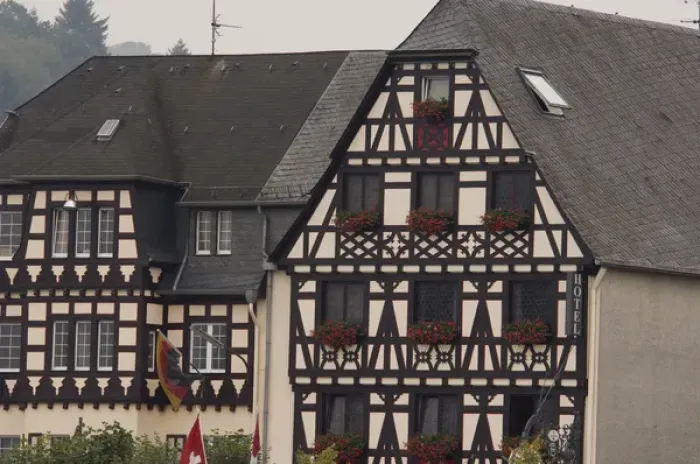 Framed Print : Germany. Typical half-timbered hotel along the Rhine River around Rheineck & Bad Framed Print : Germany. Typical half-timbered hotel along the Rhine River around Rheineck & Bad
