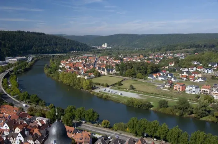 Framed Print : Germany, Wertheim. City overview near confluence of Tauber & Main River, view Framed Print : Germany, Wertheim. City overview near confluence of Tauber & Main River, view