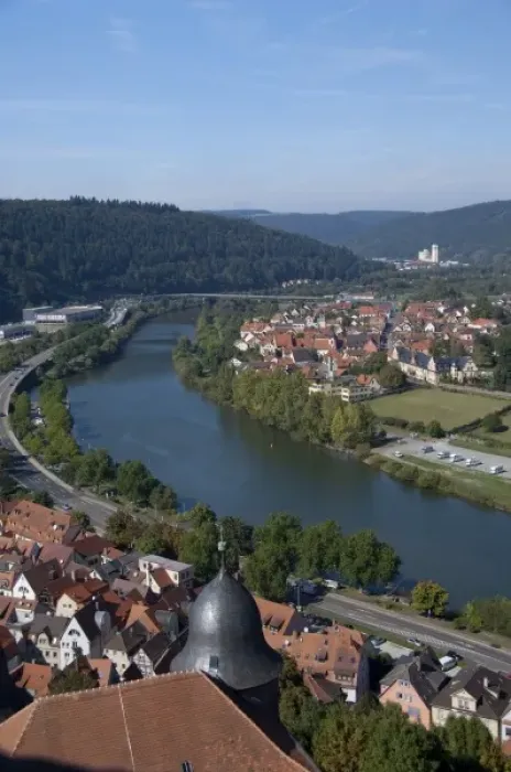 Framed Print : Germany, Wertheim. City overview near confluence of Tauber & Main River, view Framed Print : Germany, Wertheim. City overview near confluence of Tauber & Main River, view