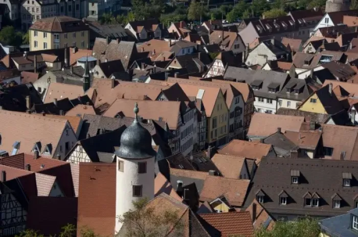Framed Print : Germany, Wertheim. Rooftop view of Wertheim from historic hilltop Hohenburg Castle