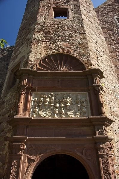 Germany, Wertheim. Ruins of Hohenburg Castle, Snail tower detail made of local redstone