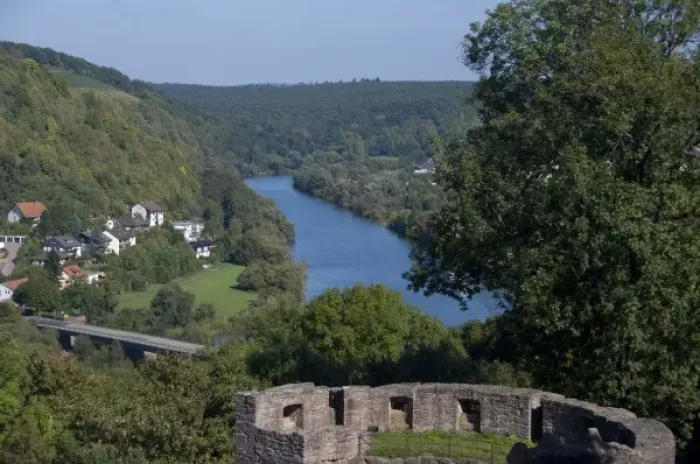Framed Print : Germany, Wertheim. View near confluence of Tauber & Main River from hilltop ruins