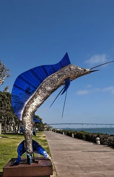 Giant marlin statue on Seaport Village pier, San Diego Bay, California