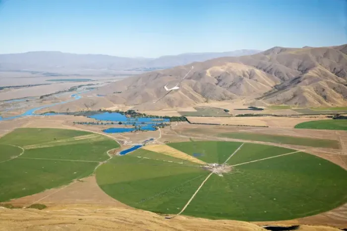 Framed Print : Giant Rotary Irrigation Scheme near Twizel, Mackenzie Country, South Island, New Zealand