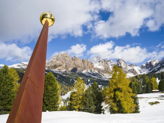 Framed Print : Giant sundial. Geisler mountain range in the dolomites of the Groden Valley or Val Framed Print : Giant sundial. Geisler mountain range in the dolomites of the Groden Valley or Val