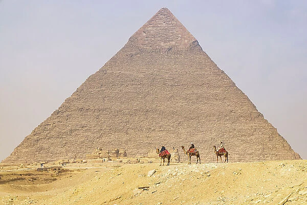 Giza, Cairo, Egypt. Men on camels at the Great Pyramid complex. (Editorial Use Only)