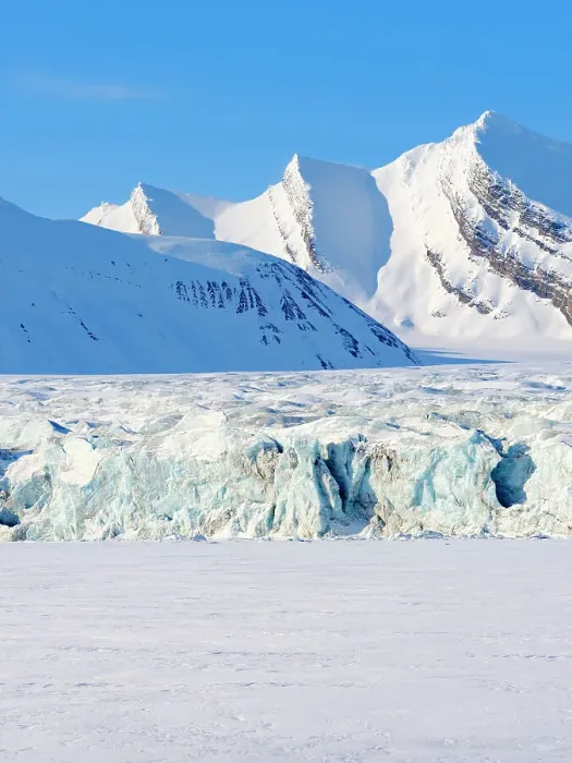 Framed Print : Glacier front of Fridtjovbreen and the frozen fjord Van Mijenfjorden. Landscape in Van Mijenfjorden National Park, (former Nordenskiold National Park), Island of Spitsbergen. Arctic region, Scandinavia, Norway, Svalbard