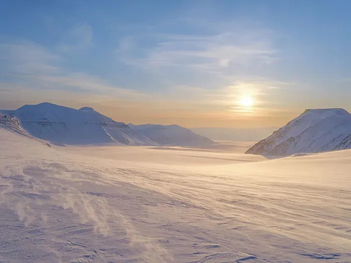 Framed Print : Glacier Nordenskioldbreen and Billefjorden. Winter landscape on the island Spitsbergen in the Svalbard Archipelago. Scandinavia, Norway