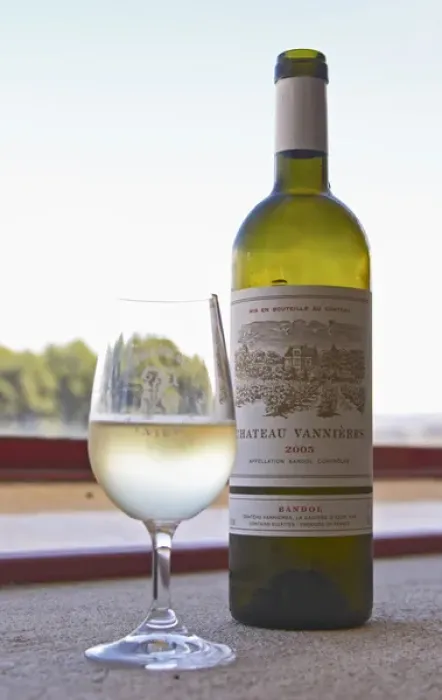Framed Print : Glass of white wine with the text Chateau Vannieres and a bottle of white wine Chateau Vannieres