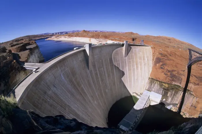 Framed Print : Glen Canyon Dam viewed from the bridge over Glen Canyon with the water level of Lake Framed Print : Glen Canyon Dam viewed from the bridge over Glen Canyon with the water level of Lake