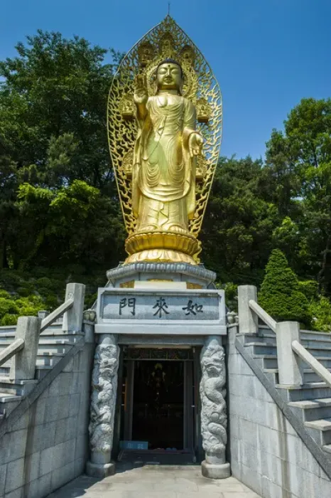 Framed Print : Golden buddha in the Unesco world heritage sight the fortress of Suwon, South Korea