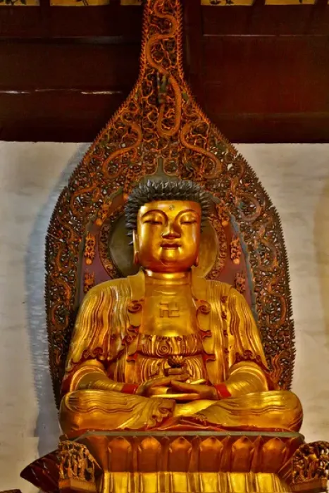 Framed Print : Golden and colorful Buddas at the Jade Buddha Temple in Shanghai, China