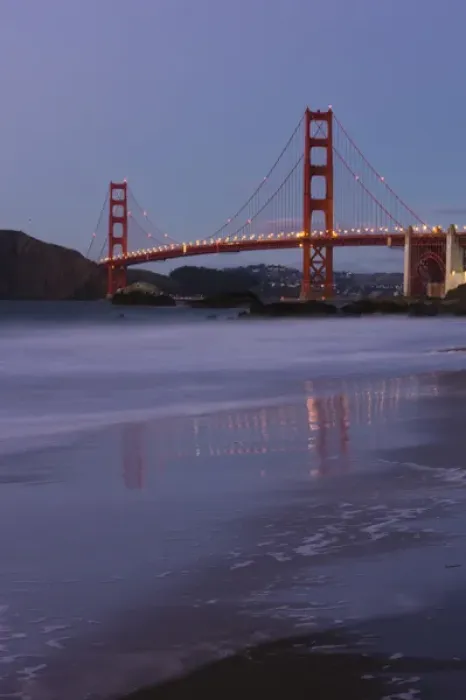 Framed Print : The Golden Gate Bridget at dusk reflected in the sands of Baker Beach, San Francisco Framed Print : The Golden Gate Bridget at dusk reflected in the sands of Baker Beach, San Francisco