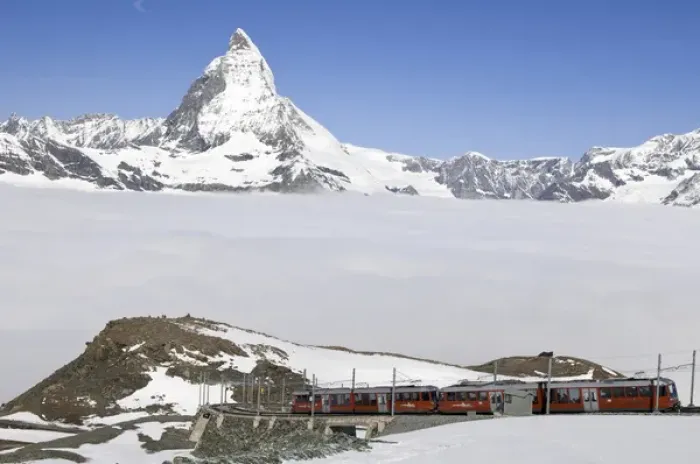 Framed Print : Gornergrat Peak, Switzerland. Matterhorn and Gornergrat cog wheel railway