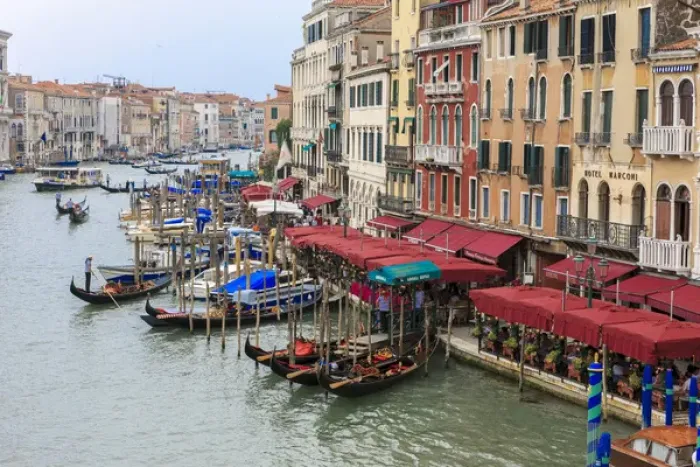 Framed Print : Grand Canal Restaurants and Gondolas. Venice. Italy