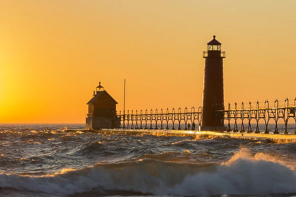 Grand Haven South Pier Lighthouse at sunset on Lake Michigan, Ottawa County, Grand Haven