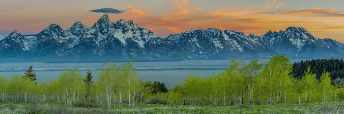 Framed Print : Grand Teton National Park, panoramic of Grand Teton, Moran, and Aspen trees at Sunrise