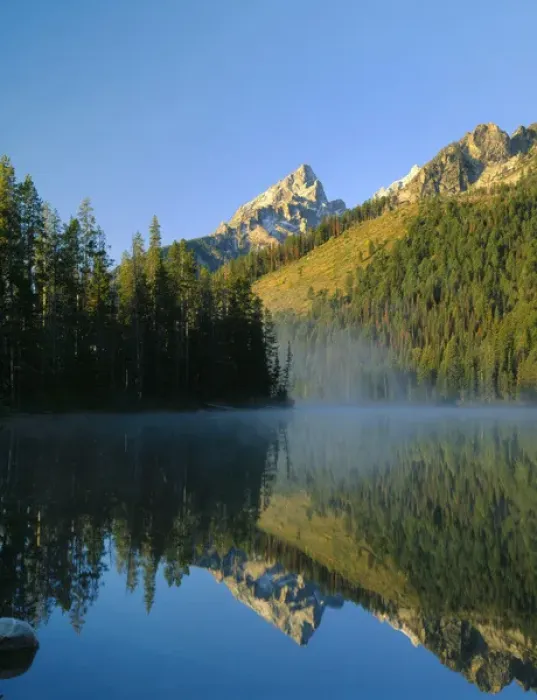 Framed Print : GRAND TETON NATIONAL PARK, WYOMING. USA. Mount Teewinot reflected in steaming String Lake Framed Print : GRAND TETON NATIONAL PARK, WYOMING. USA. Mount Teewinot reflected in steaming String Lake