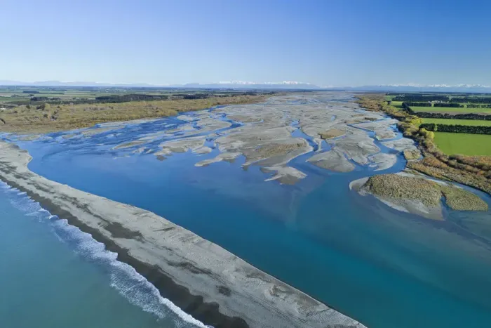 Framed Print : Gravel bar at mouth of Rakaia River, Mid Canterbury, South Island, New Zealand Framed Print : Gravel bar at mouth of Rakaia River, Mid Canterbury, South Island, New Zealand