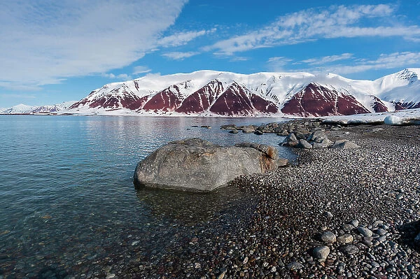 A gravel shoreline and snow covered mountains border Bockfjorden, Spitsbergen Island, Svalbard, Norway