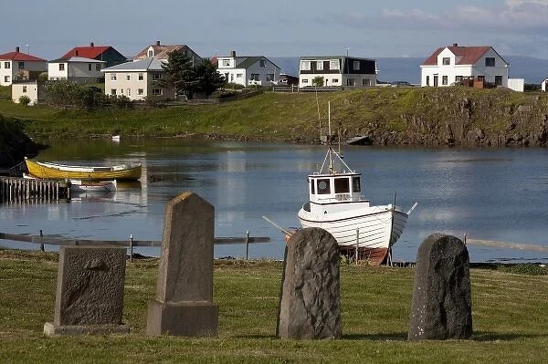 Gravestones at cove landing at fishing village near Stykkisholmur in Western Iceland