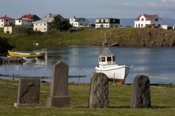 Framed Print : Gravestones at cove landing at fishing village near Stykkisholmur in Western Iceland Framed Print : Gravestones at cove landing at fishing village near Stykkisholmur in Western Iceland