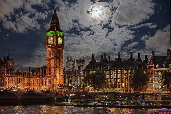 Great Britain, London. Big Ben and Parliament building in moonlight