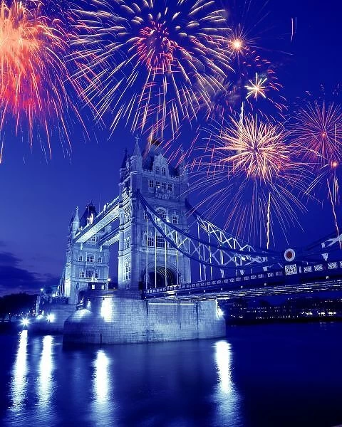 Great Britain, London. Fireworks over the Tower Bridge. Credit as: Jim Zuckerman