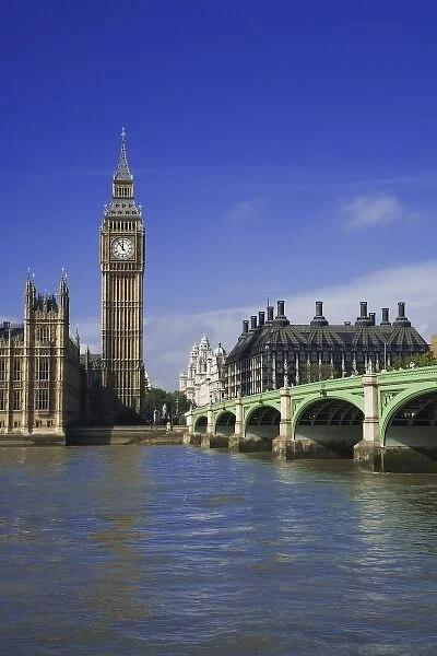 Great Britain, London. View of Big Ben and Westminster Bridge over the River Thames