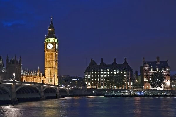 Great Britain, London. View of the Clock Tower or Big Ben at dusk across the Thames River