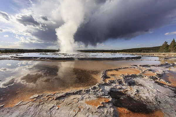 Great Fountain Geyser and storm cloud, Yellowstone National Park, Wyoming  /  Montana