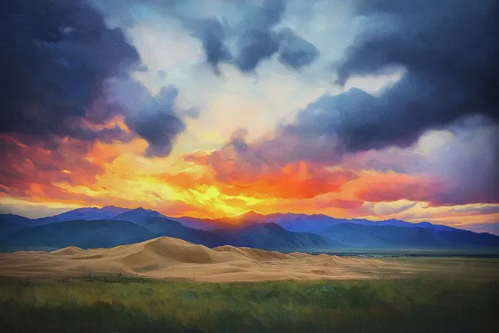 Framed Print : Great Sand Dunes with dramatic sunset. Painting style. (AI Generated) Framed Print : Great Sand Dunes with dramatic sunset. Painting style. (AI Generated)