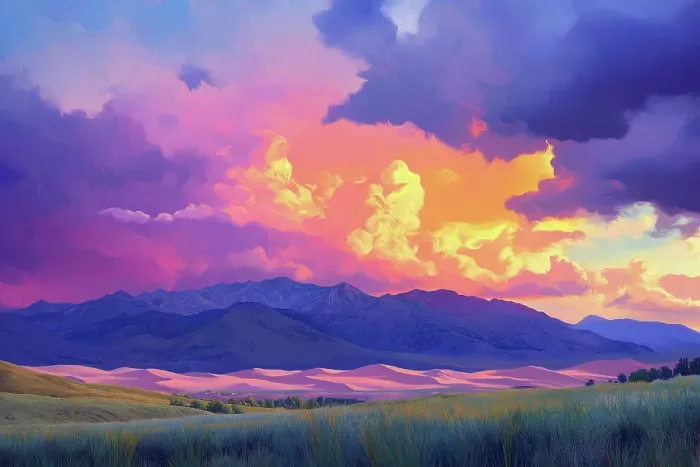 Framed Print : Great Sand Dunes with dramatic sunset. Painting style. (AI Generated) Framed Print : Great Sand Dunes with dramatic sunset. Painting style. (AI Generated)