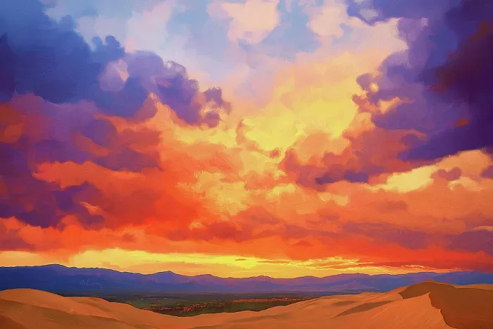 Framed Print : Great Sand Dunes with dramatic sunset. Painting style. (AI Generated) Framed Print : Great Sand Dunes with dramatic sunset. Painting style. (AI Generated)