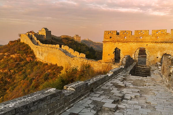 Great Wall of China and Jinshanling Mountains at sunrise, Jinshanling, China
