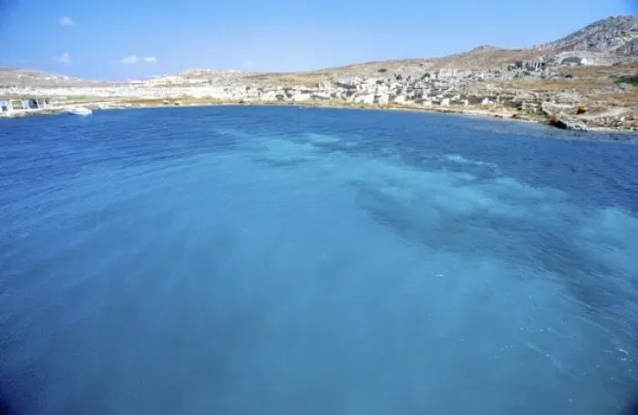 Framed Print : Greece, Aegean Sea, Delos. Blue waters of the Aegan from the Sacred Harbor of Delos