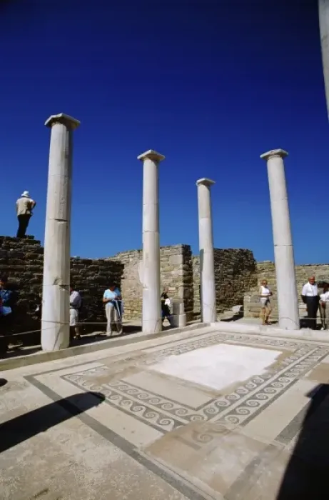 Framed Print : Greece, Aegean Sea, Delos. Greco-Roman ruins located along the Sacred Way, mosaic floor and columns Framed Print : Greece, Aegean Sea, Delos. Greco-Roman ruins located along the Sacred Way, mosaic floor and columns