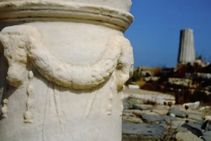 Framed Print : Greece, Aegean Sea, Delos. Greco-Roman ruins along the Sacred Way, column detail