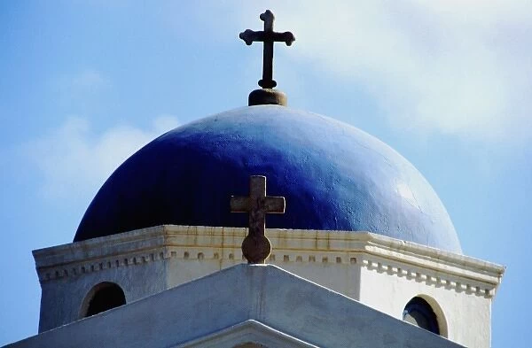 Greece, Aegean Sea, Mykonos. Church top dome with cross