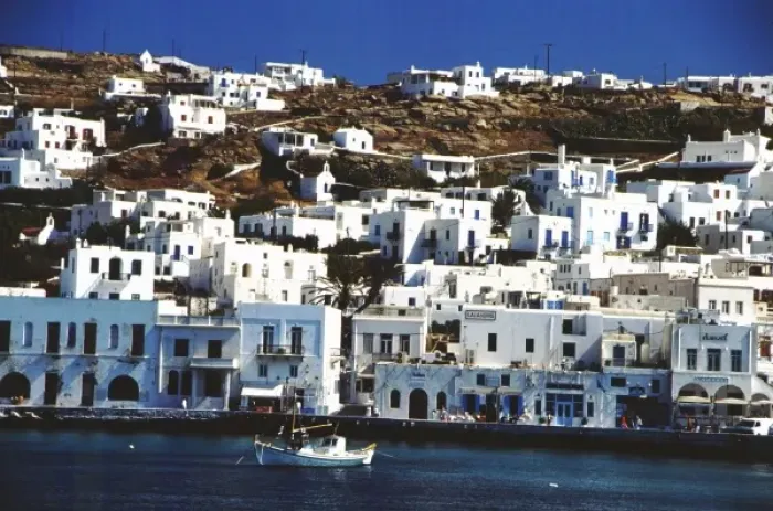 Framed Print : Greece, Aegean Sea, Mykonos. Typical white buildings on the island of Mykonos