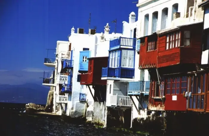 Framed Print : Greece, Aegean Sea, Mykonos. Waterfront homes and businesses on the edge of the Aegean Sea