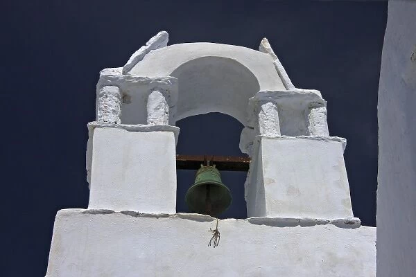 Greece, Amorgos, Chora. Greek Orthodox church steeple in traditional Cycladic style