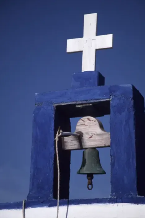 Framed Print : Greece, Arki, Marathi Church bell and cross Framed Print : Greece, Arki, Marathi Church bell and cross