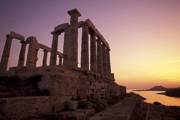 Greece, Attica, Cape Sounion. Temple of Poseidon at sunset
