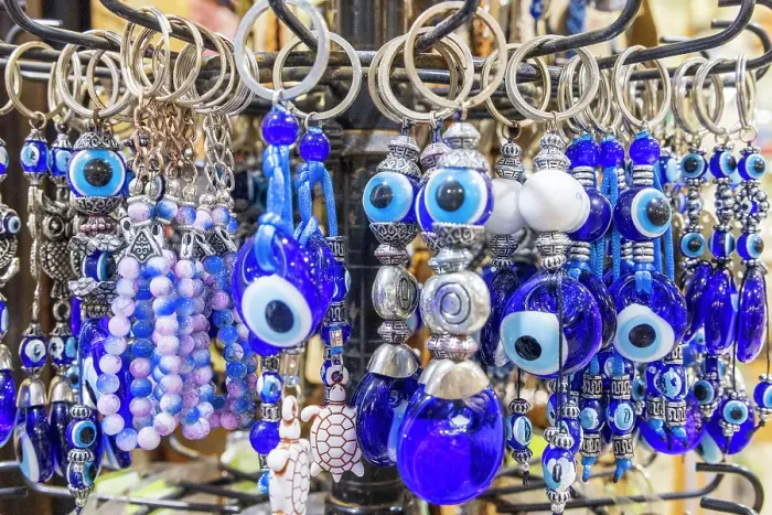 Framed Print : Greece, Crete, Chania, Old Town. Tourist souvenir Turkish Eye or Nazar amulets, to ward off bad luck and curses