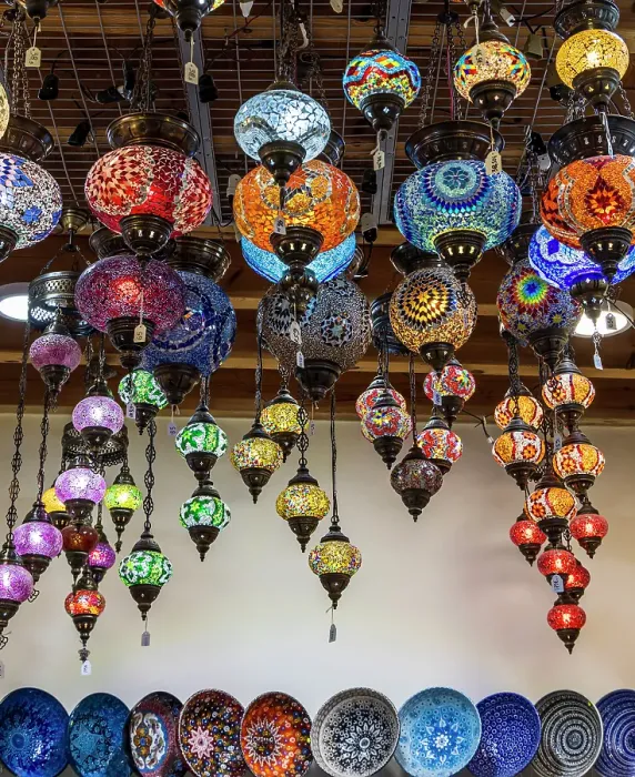 Framed Print : Greece, Crete, Chania, Old Town. Tourist Souvenirs. Colored glass lamps and colorful bowls