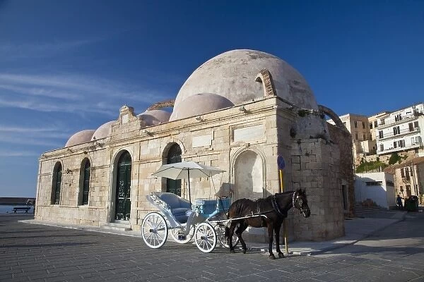 Greece, Crete, Chania, old town and the Harbor with Horse and Carriage for the Tourist