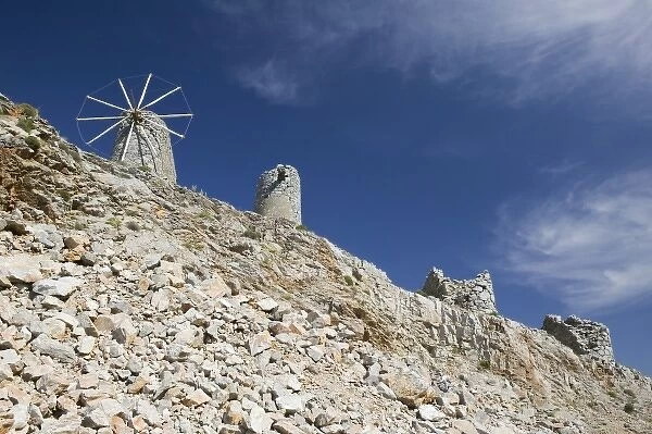 GREECE, CRETE, Iraklio Province, Ano Kera: Windmill Ruins above Lasithi Plateau