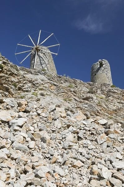 GREECE, CRETE, Iraklio Province, Ano Kera: Windmill Ruins above Lasithi Plateau